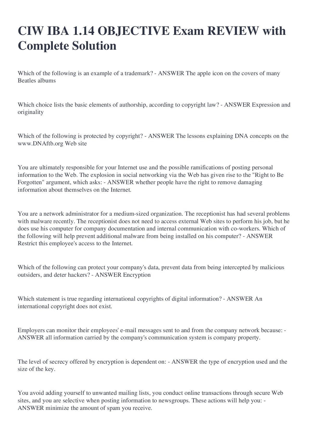 Preview image for CIW IBA 1.14 OBJECTIVE Exam REVIEW with Complete Solution